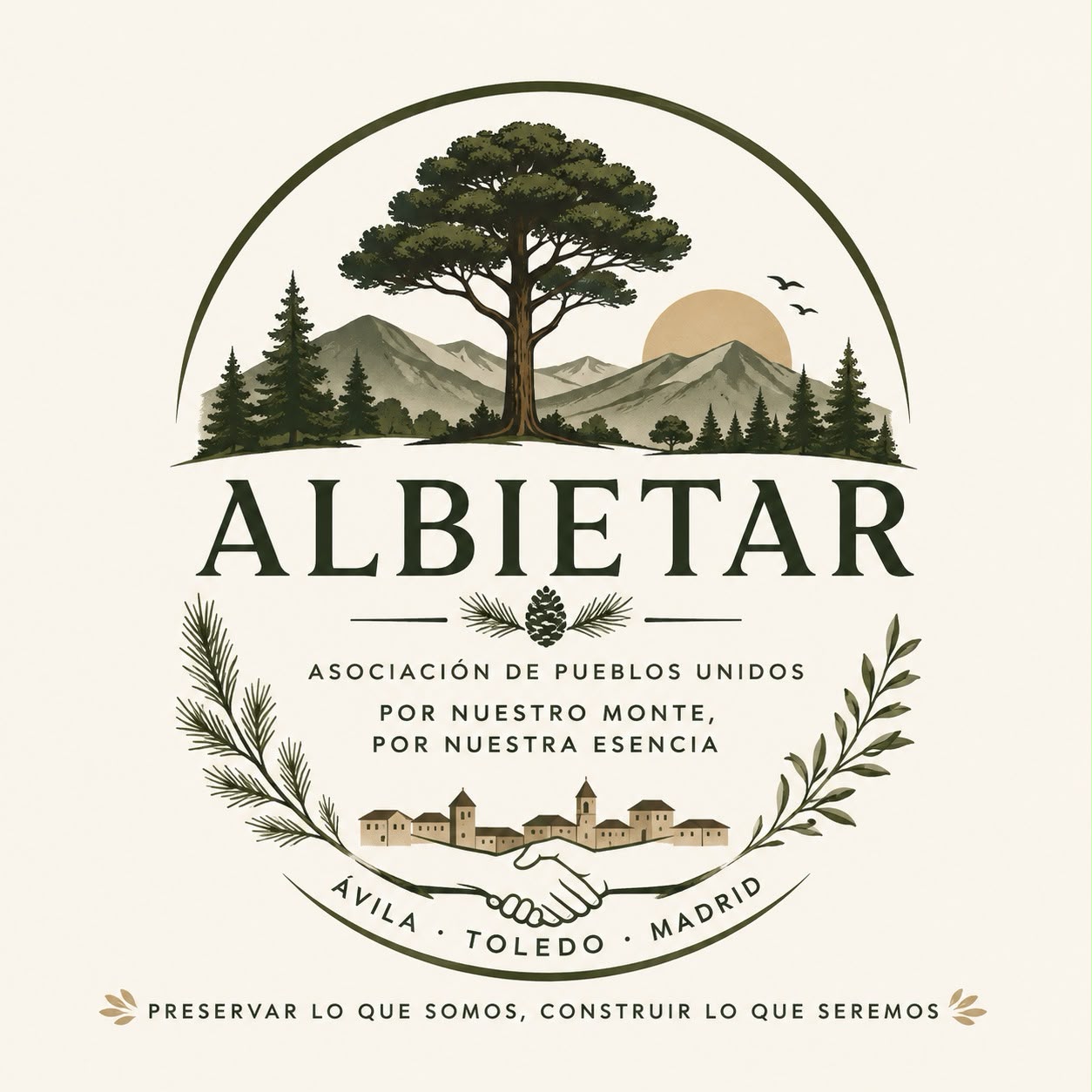 Logotipo de la Asociación Albietar: pinos, montañas y manos unidas